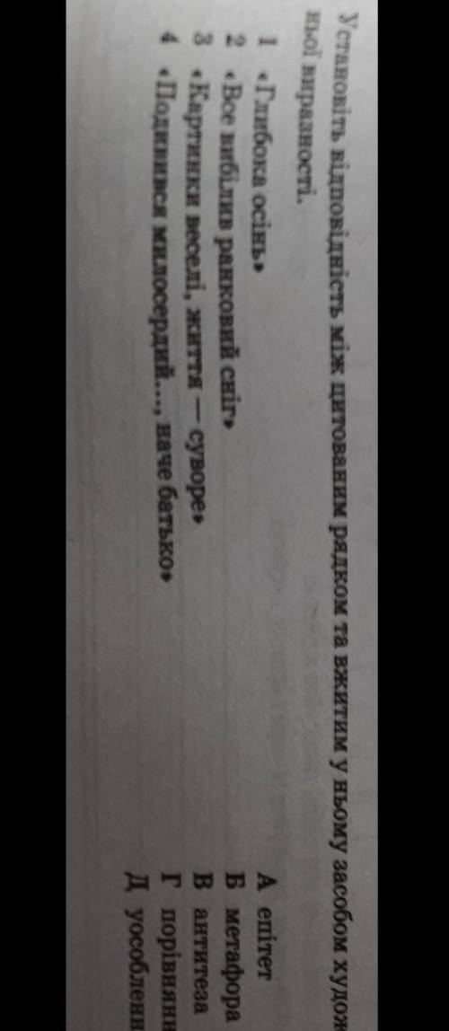 Установіть відповідність між цитованим рядком та вжитим у ньому засобом худож ньої виразності.1 Глиб