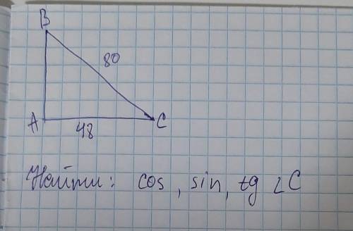 Найти: косинус, синус и тангенс угла С. . ​