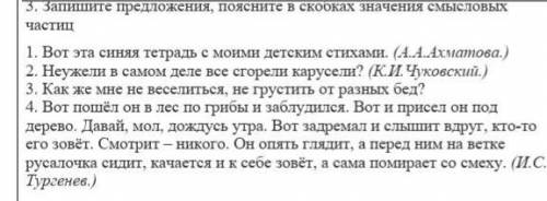 3. Запишите предложения, поясните в скобках значения смысловых частиц1. Вот эта синяя тетрадь с моим