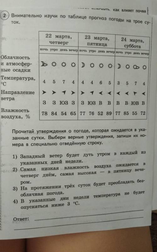 2) Внимательно изучи по таблице прогноз погоды на трое су- ток.22 марта,23 мауға,24 марта,четвергIят