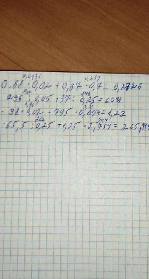 1)0,68*0,02+0,37*0,7= 2)295:0,05+37:0,25= 3)98*0,02-795*0,004 4)65,5:0,25+1,25*2,759 Сфоткайте