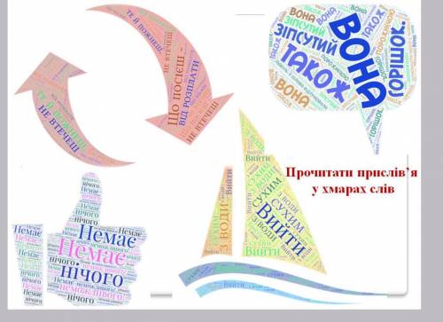 Розгадайте прислів'я з хмари слів, запишіть їх і прізвище героя, з яким кожне з них можна пов'язати.