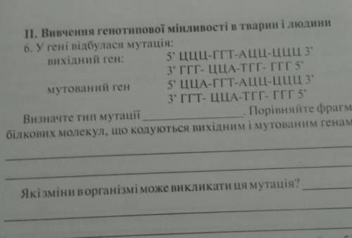 У гені відбулася мутація Вихідний ген : 5' ЦЦЦ-ГГТ-АЦЦ-ЦЦЦ3'​