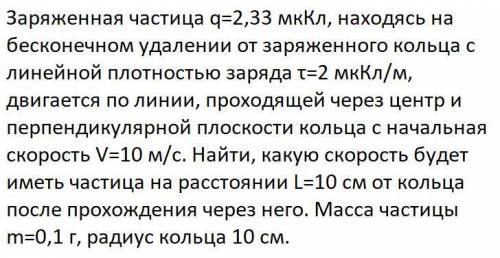 Задача на скорость частицы проходящей через заряженное кольцо.