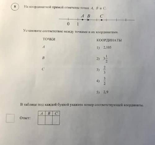 На координатной прямой отмечены точки a b c. установите соответствие между точками и их координатами