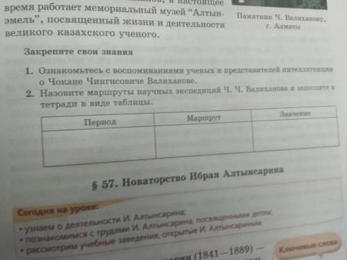 назовите маршруты научных экспедиций Ч Ч. Валиханова и запишите в тетради в виде таблицы дайте норма