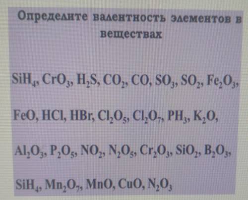 Определите валентность элементов в веществахSiH, Cro, H,S, CO, CO, O, SO, Fe,03,FeO, HCI, HBr, CI,O,