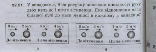 . у випадках а, б на рисунку показано швидкість руху двох куль і після зіткнення. яке відношення мас