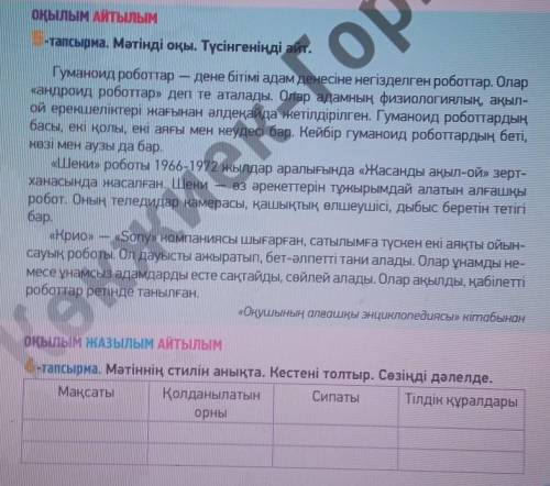 6-тапсырма. Мәтіннің стилін анықта. Кестені толтыр. Сөзіңді дәлелде. Мақсаты:Қолданылатын орны:Сипат