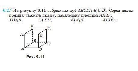 На рисунку 6.11 зображено куб ABCDA1B1C1D1. Серед даних прямих укажіть пряму, паралельну площині AA1