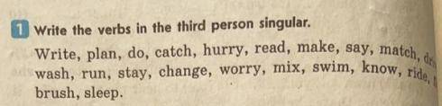 Write the verbs in the third preson singular Write,plan,do,catch,hurry,read,make,say,match,wash,run,