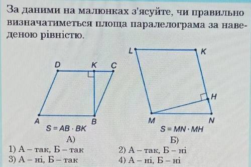 За даними на малюнках з'ясуйте, чи правильно визначатиметься Площа паралелограма за наве-деною рівні