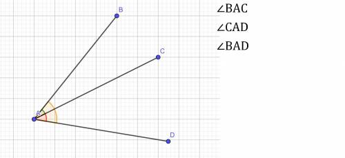 начертите лучи АВ,АС, и АD.Запишите названия полученных трёх углов,сторонам которых являются эти луч