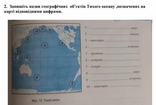 ГЕГРАФИЯ Запишіть назви географічних об'єктів Тихого океану,позначених на карті відповідними цифрами