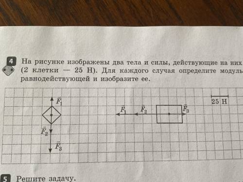 На рисунке изображены два тела и силы, действующие на них (2 клетки — 25 H). Для каждого случая опре