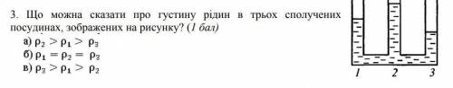 Що можна сказати про густину рідин в трьох сполучених посудинах, зображених на рисунку? ​