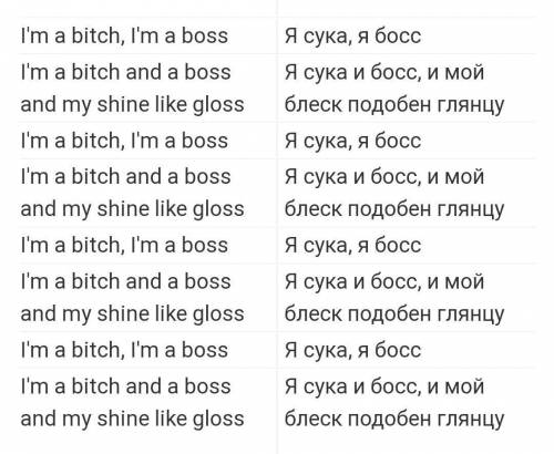 НУЖЕН ПЕРЕВОД ПЕСНИ АМА БИЧ АМА БОСС АМА БИЧ АМА БОСС НЕ БАНЬТЕ ПОДРУГА СКАЗАЛА С МУЗЫКАОЙ ЕЙ ☹️☹️☹