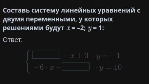 Составь систему линейных уравнений с двумя переменными, у которых решениями будут x = –2; y = 1: отв