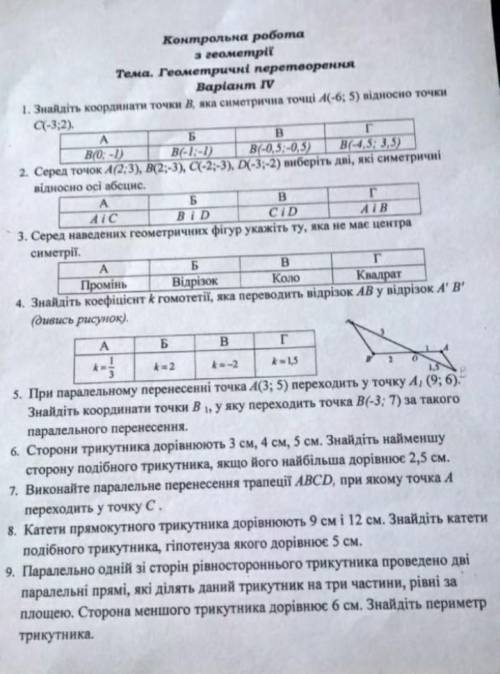 1.Знайдіть координати точки В, яка симетрична точці А( -6;5) відносно точки С(-3;2)​.​