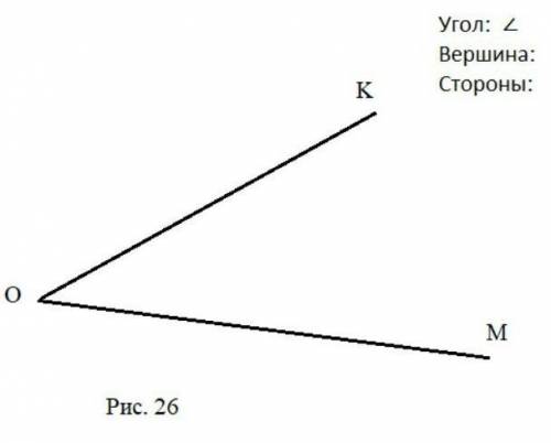 Написать название угла на рисунке 26.Написать название его вершины и сторон.​