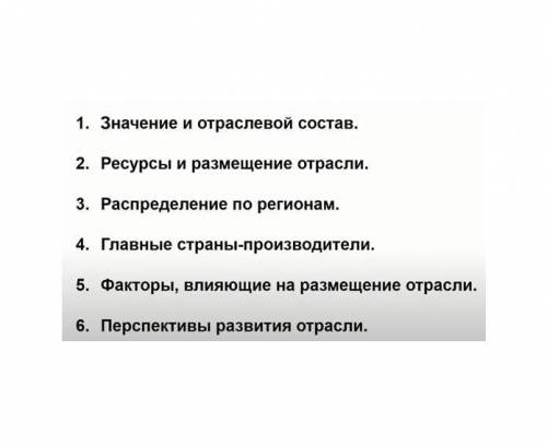 Дать характеристику одной отрасли мира по плану