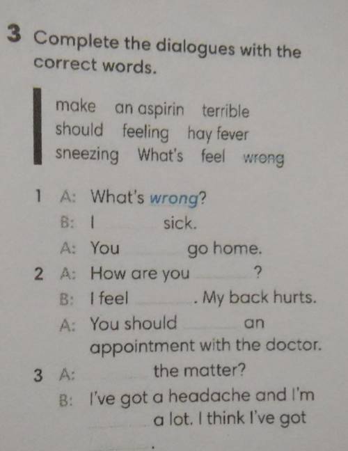 3 Complete the dialogues with the correct words.make an aspirin terribleshould feeling hay feversnee