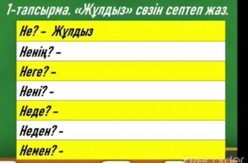 окончания вставить нужно1 - тапсырма . « Жұлдыз » сөзін септеп жаз . Не ? - Жұлдыз Ненің ?. Неге ?. 