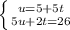 \left \{ {{u=5+5t} \atop {5u+2t=26}} \right.