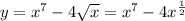 y = {x}^{7} - 4 \sqrt{x} = {x}^{7} - 4 {x}^{ \frac{1}{2} }