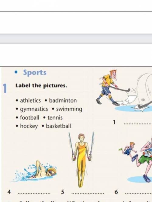 ladel the pictures 1) athletics 2) gymnastics 3) football 4) hockey 5) badminton 6) swimming 7) tenn