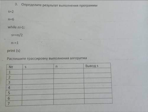 N=6 While n>1 S=2 n-=1 print(s) Выполните трассировку выполнения алгоритма 8 класс