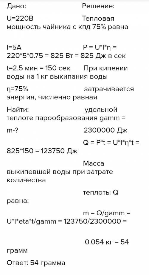 Електричний чайник, увімкнений у мережу з напругою 220В,споживає струм 5А.ККД електронагрівникадорів