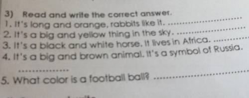 3) Read and write the correct answer. 1. It's long and orange, rabbits like it.2. It's a big and yel