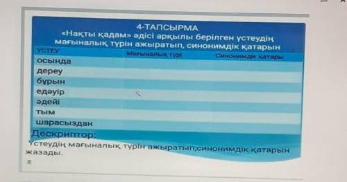 4-ТАПСЫРМА «Нақты қадам» әдісі арқылы берілген үстеудіңмағыналық түрін ажыратып, синонимдік қатарынҮ