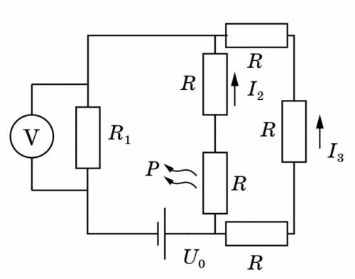 Цепь состоит из идеальной батарейки с U0=15 В, идеального вольтметра и нескольких резисторов R=10 Ом