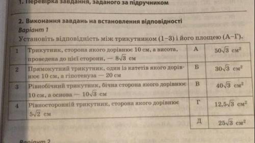 Установіть відповідність між трикутником і його площею