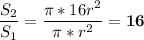 \displaystyle\frac{S_2}{S_1}=\frac{\pi *16r^2}{\pi *r^2}=\textbf{16}