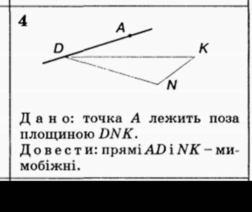 Дано: Точка A лежить поза площиною DNK. Довести, що прямі AD і NK - мимобіжні. ​