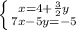 \left \{ {{x=4+\frac{3}{2}y } \atop {7x-5y=-5}} \right.