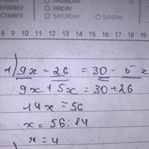 Розв'яжіть рівняння 1) 9x - 26 = 30 - 5x; 2) 0,9x - 7,4 = -0,4x + 4,3.