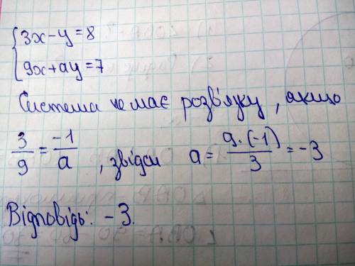 За каких значений A система уровненияне имеит развизанию? {3x-y=8{9x+ay=7​