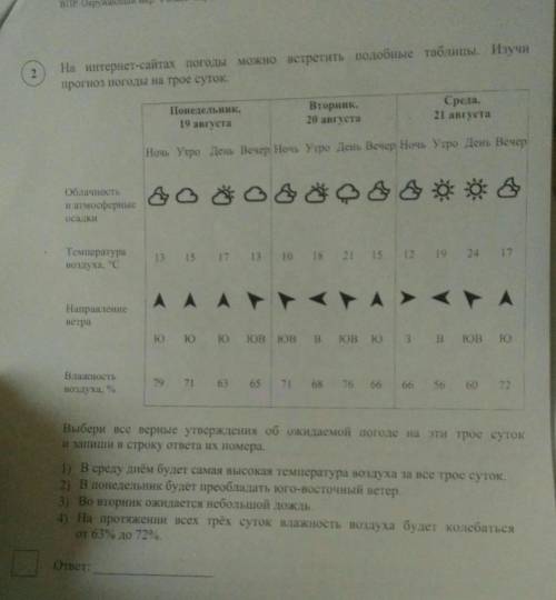 1) В среду днём будет самая высокая температура воздуха за все трое суток. 2) В понедельник будет пр