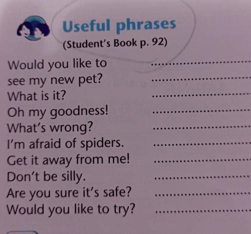 НУЖНЫ ОТВЕТЫ swincychUseful phrases(Student's Book p. 92)Would you like tosee my new pet?What is it?