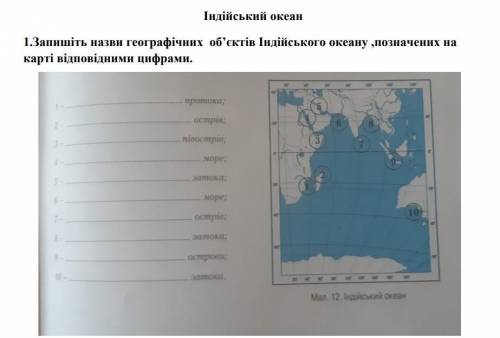 ГЕОГРАФИЯ Індійський океан1.Запишіть назви географічних об'єктів Індійського океану,позначених на ка