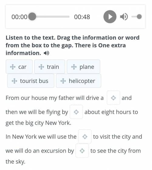 Listen to the text. Drag the information or word from the box to the gap. There is One extra informa