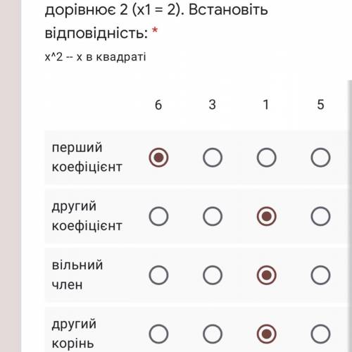 Один з коренів рівняння х^2 +bx +6 = 0 дорівнює 2 (x1 = 2). Встановіть відповідність: * x^2 -- х в к