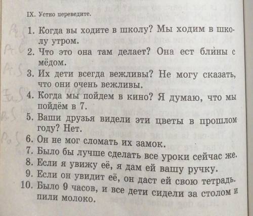 ІХ. Устно переведите. 1. Когда вы ходите в школу? Мы ходим в шко-лу утром.2. Что это она там делает?