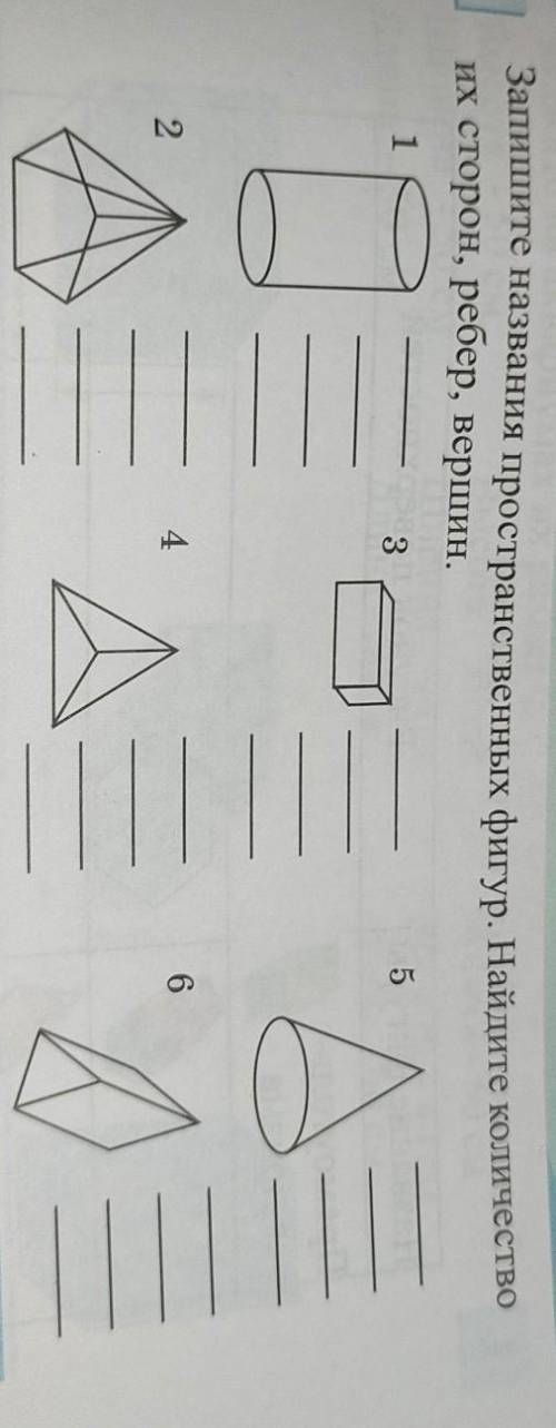 Запишите названия пространственных фигур, Найдите количествоих сторон, ребер, вершин,​