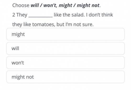 , Choose will / won't, might / might not. 2 They like the salad. I don't think they like tomatoes, b