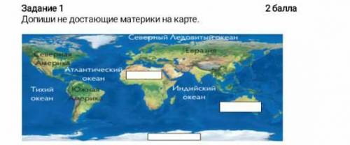 Допиши не достающие материки на карте.  ​